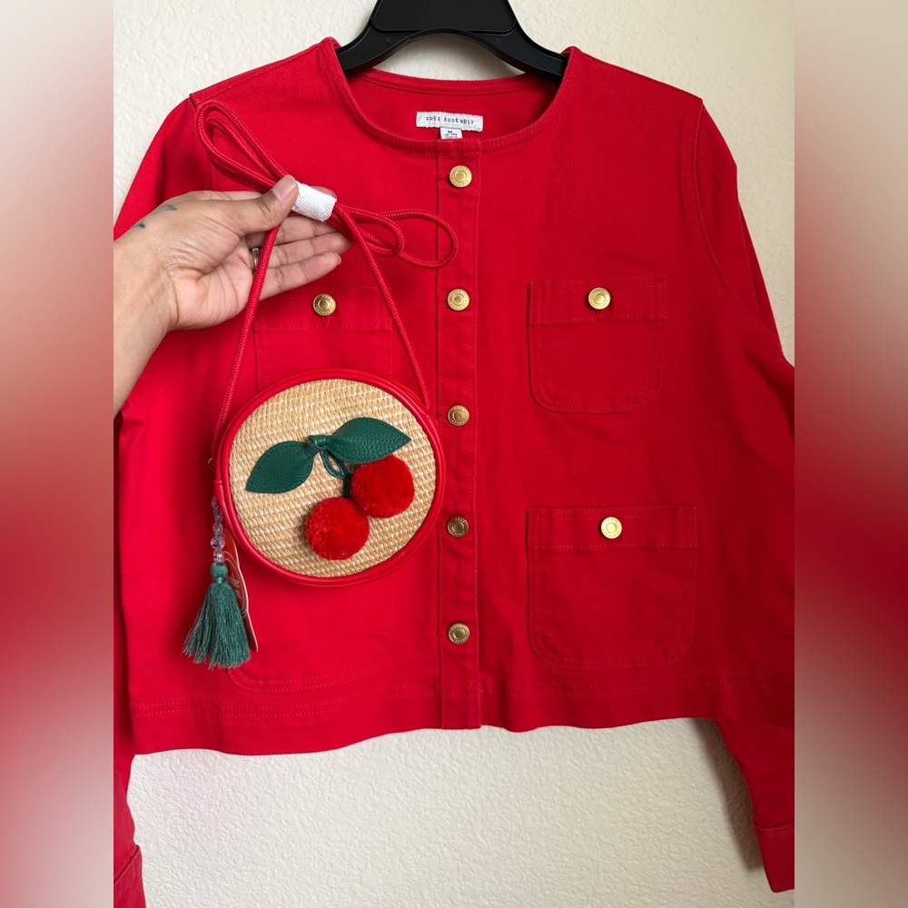 Bright Red Button-Front Jean Jacket and Cherry Crossbody Bag - Picture 6 of 6